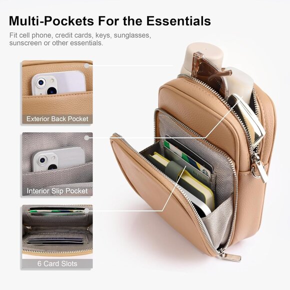 Tan Genuine Leather Small Crossbody Purse RFID Wallet Multi-Pocket with Adjustab - Picture 4 of 8